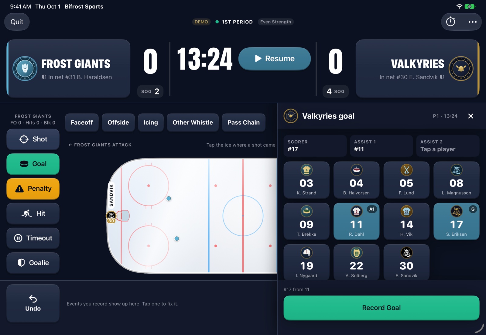 Advanced Mode goal drawer: #17 as the scorer and #11 on the first assist, beside the rink.