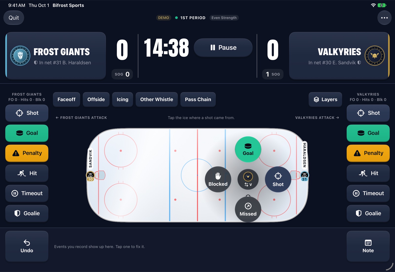 Advanced Mode: a tap on the ice opens Shot, Goal, Missed and Blocked around the spot.