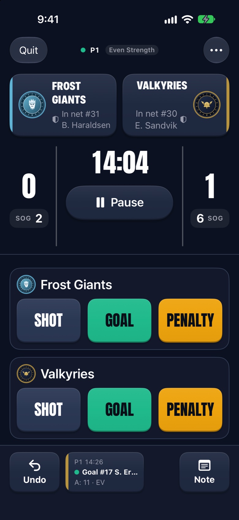 Tower Rec Mode in the first period: Valkyries 1, Frost Giants 0, with Shot, Goal and Penalty for each team.