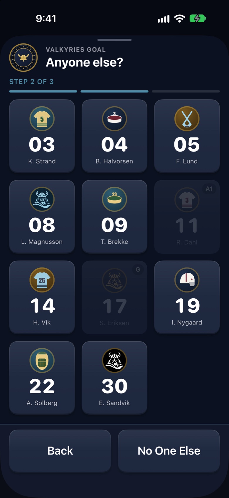 Tower's goal entry: #17 Sigrid Eriksen marked as the scorer and #11 Ragnar Dahl as the first assist, picked from the roster's photo tiles.